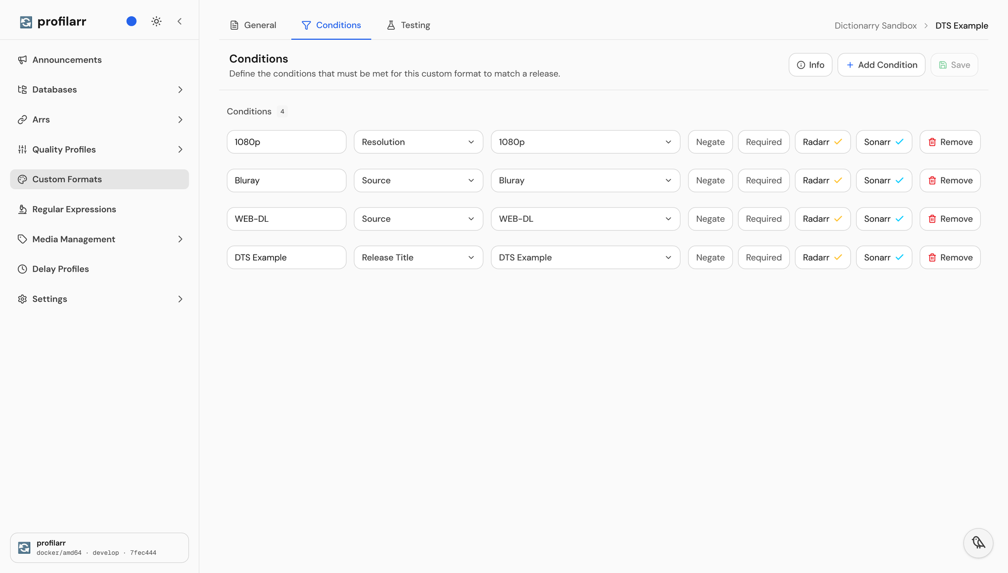 The Conditions tab of the DTS Example custom format in Profilarr, with four conditions: 1080p Resolution, Bluray Source, WEB-DL Source, and a Release Title condition using the DTS Example regular expression, all applying to both Radarr and Sonarr.